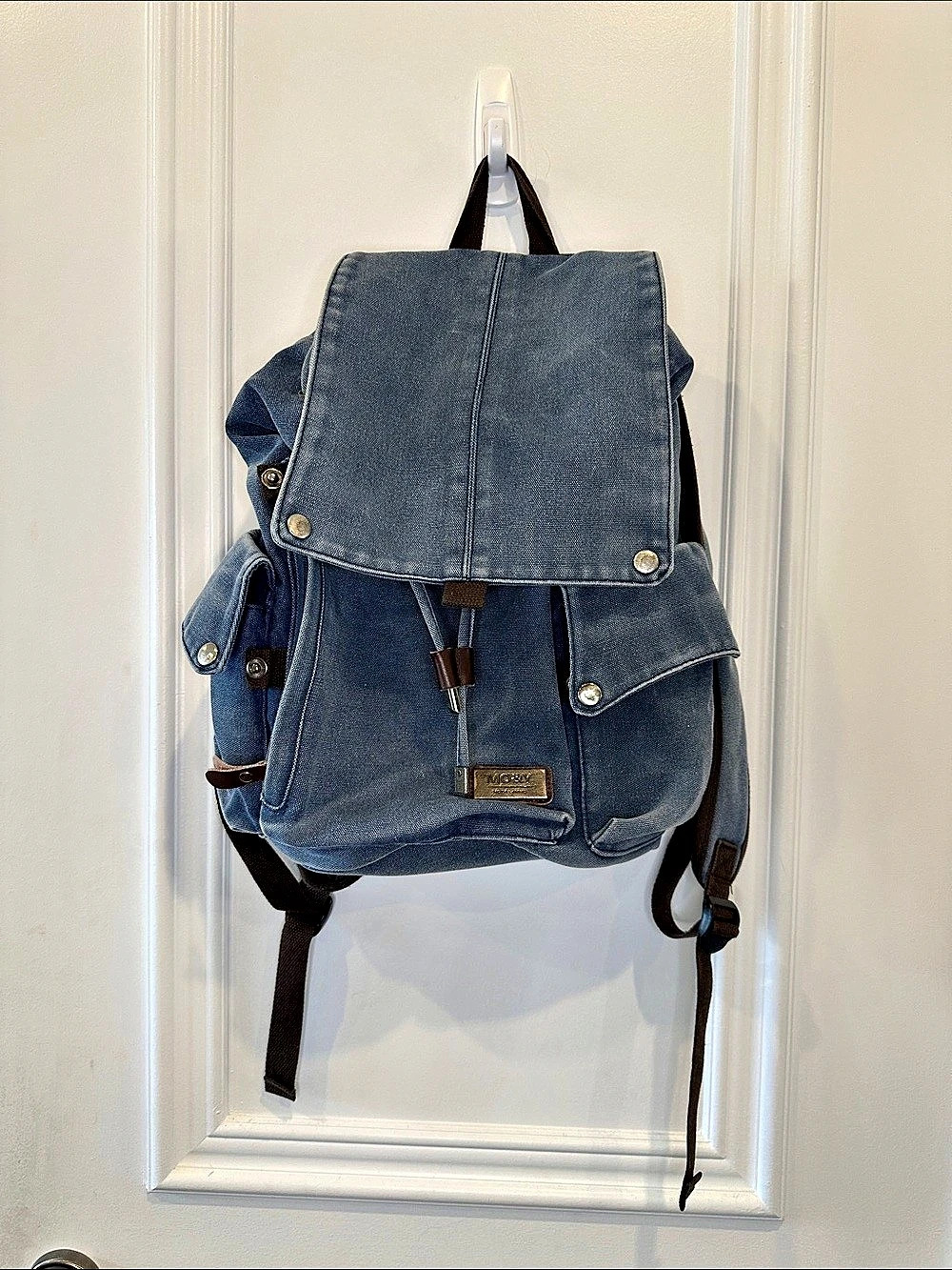 Denim Backpack in Blue & Brown